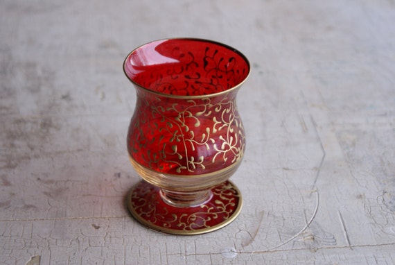 Red And Gold Enamel Overlay Footed Toothpick Holder Brandy Snifter Candle Holder Or Cordial Glass