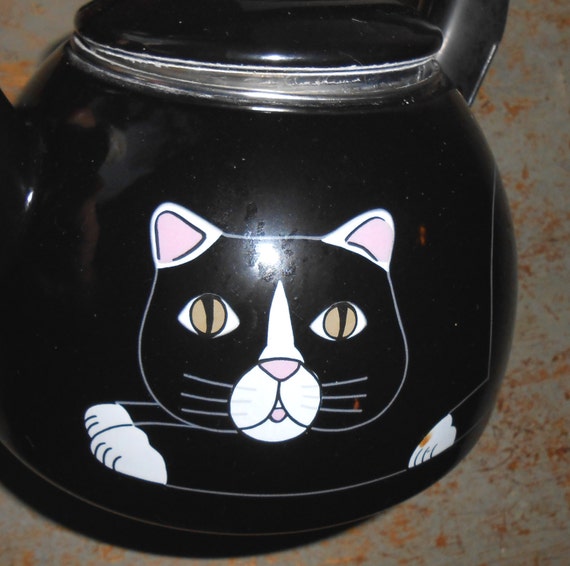 Vintage Tea Kettle Cat & Bird Black Tea Pot