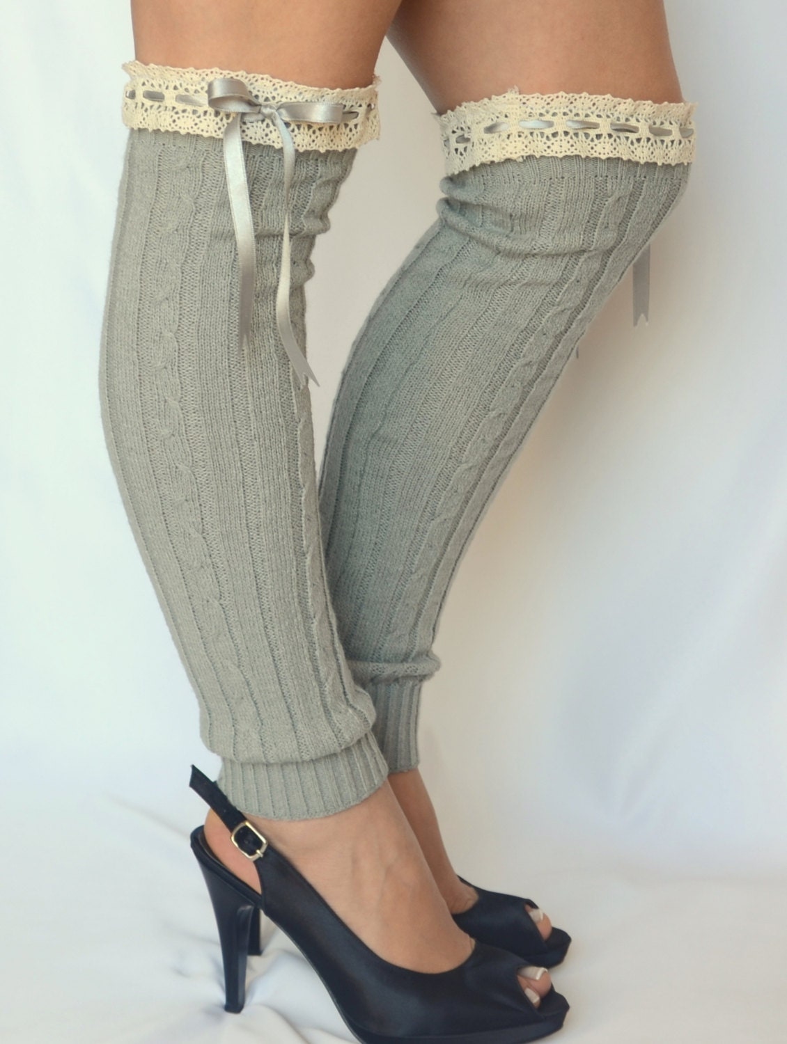 BS5465Gypsy Gray leg warmers with lace&ribbon chunky by bstyle
