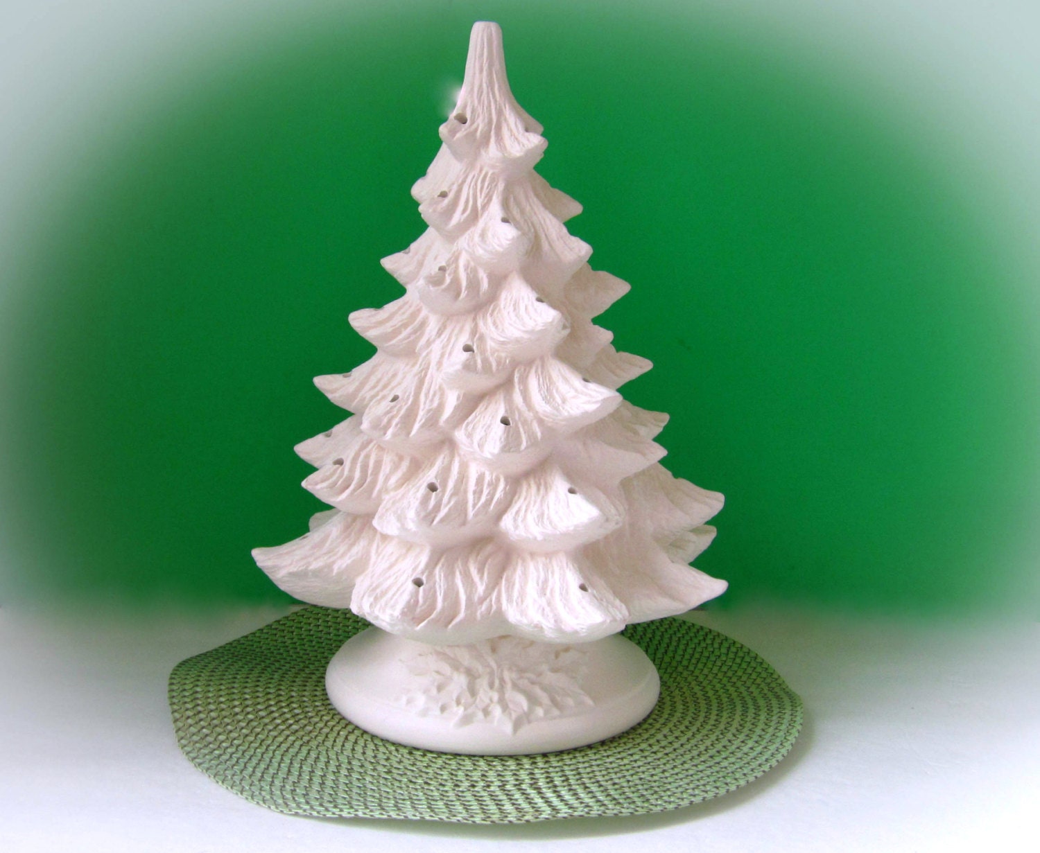 Ceramic Christmas Tree unpainted bisque with holly leaf