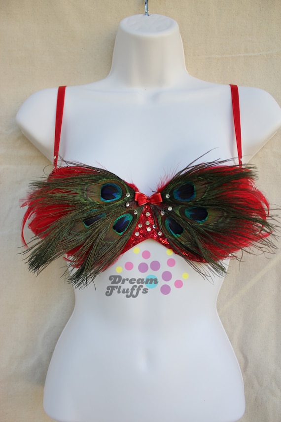 SALE Beautiful Red Peacock Feather Bra 34 A
