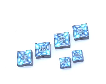 Square beads, Polymer Clay handmade flat beads in variety of blues and white, Set of 6 elegant flat beads