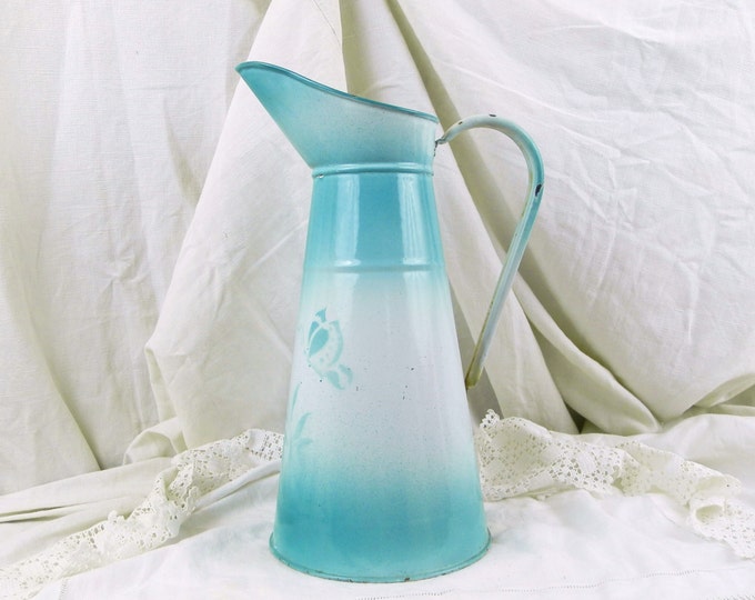 Antique French Blue and White Enamelware Water Pitcher With a Flower and Butterfly Motif / French Shabby Chic / French Country Decor / Home