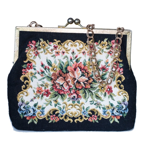 vintage 1960's purse black walborg needlepoint floral