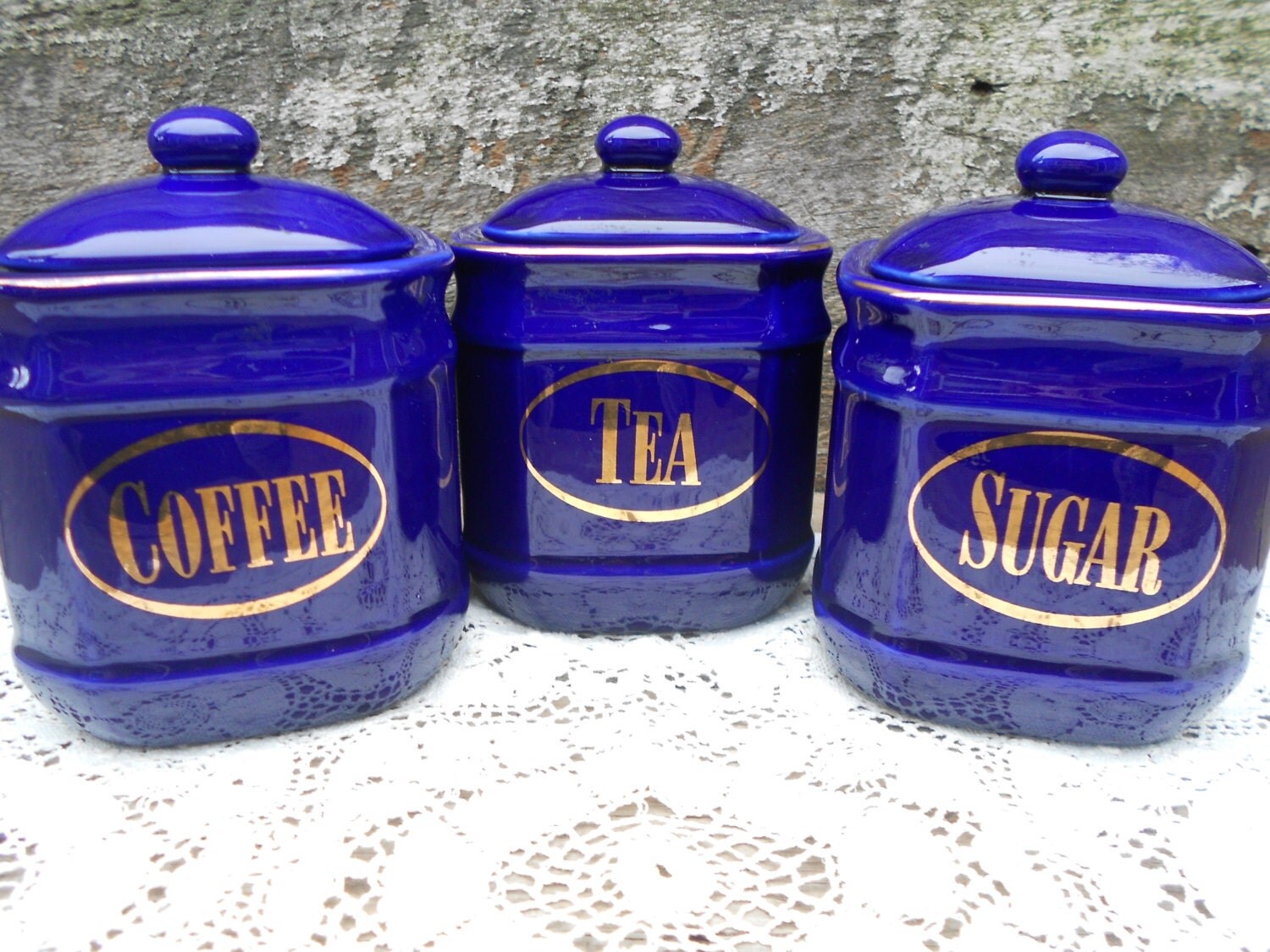 Blue Ceramic Canisters Tea Coffee Sugar Gold