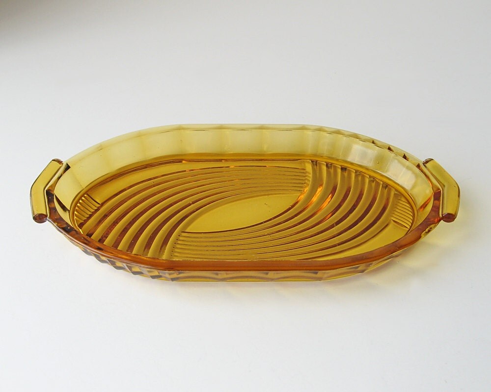 Amber glass tray, yellow glass tray, dresser tray, jewelry tray, oval