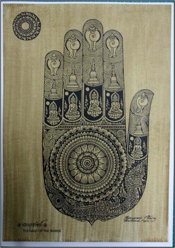 Thai traditional art of Hand Of The Buddha by printing on