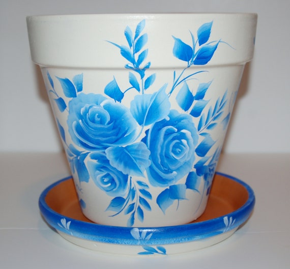 Hand Painted clay flower pot  One Stroke Blue roses design  8