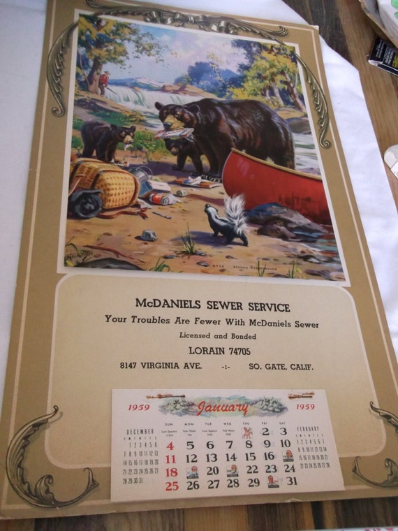 1959 Calendar with A. Fox Corp Bears Litho by samastuff on Etsy