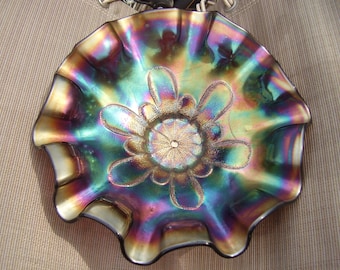 Dugan Carnival Glass Electric Purple Amethyst Stippled Pedals Ruffled Bowl