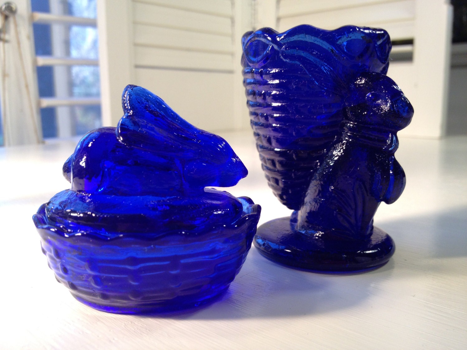 Vintage Cobalt Blue Glass Bunny Egg Cup and Covered 2 piece