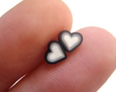 Small Heart Earrings - Tiny Black White and Grey Studs