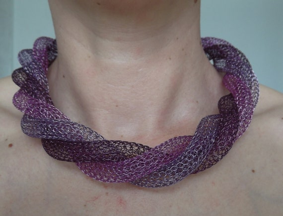 purple enameled copper wire crochet necklace, bridesmaid gift