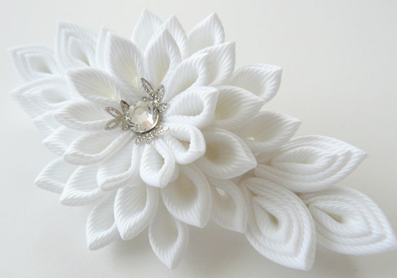 White Bridal Kanzashi fabric flower french barrette. Bridal