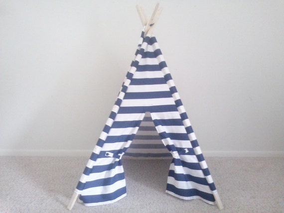 Navy and White Stripe Kids Tent , Teepee , Pick your size 42 to 48 inch wide Play Tent Made to Order tee pee