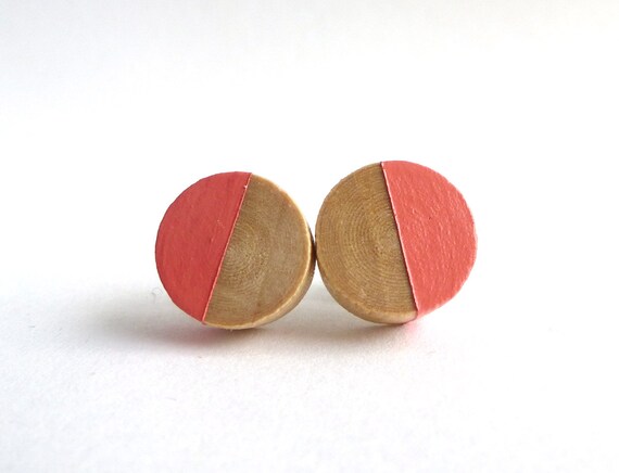 Coral stud earrings, wood post earrings, spring colors, apricot, peach