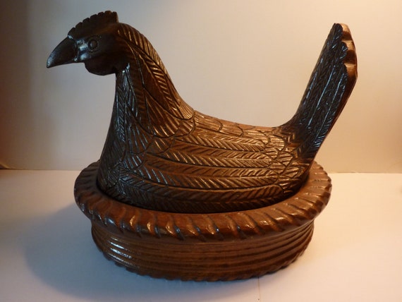 Large Vintage Chicken Hen Hand Carved Wooden by DKCollectibles