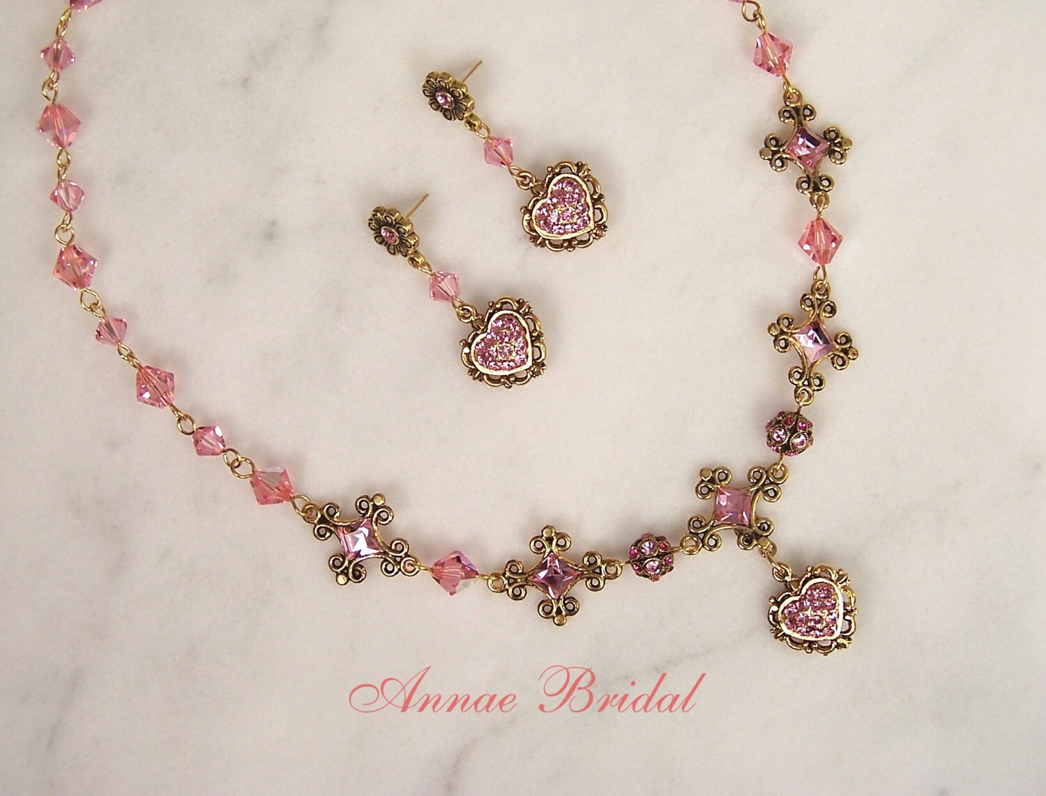 LIght pink Victorian bridal jewelry set Swarovski wedding