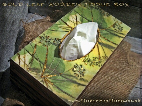 leaves on decoupage wood Leaf decoupaged Wooden Box Gold Tissue