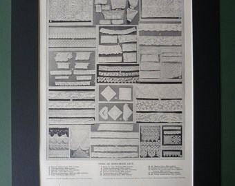 1922 Antique Print Of Hand Made Lace Types - Sewing - Embroidery - Seamstress - Vintage - White - Matted - Textile Craft - Art Deco