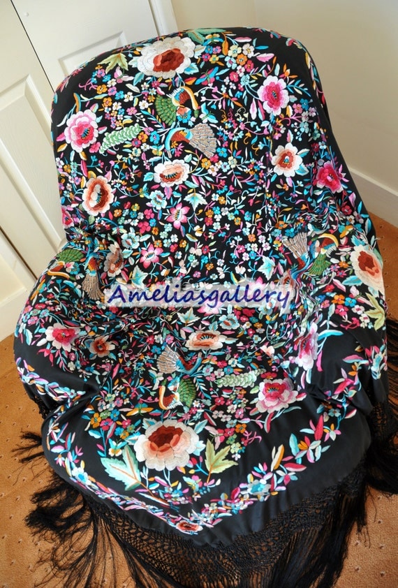 Hand embroidered spanish silk flamenco piano shawl mantones