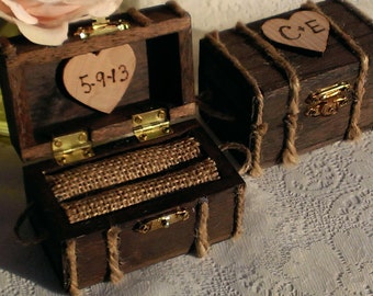 beach wedding ring box, nautical burlap wedding wooden ring box