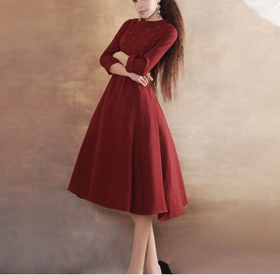 Items similar to Red/Black dress Cotton Lace dress women dress fashion ...