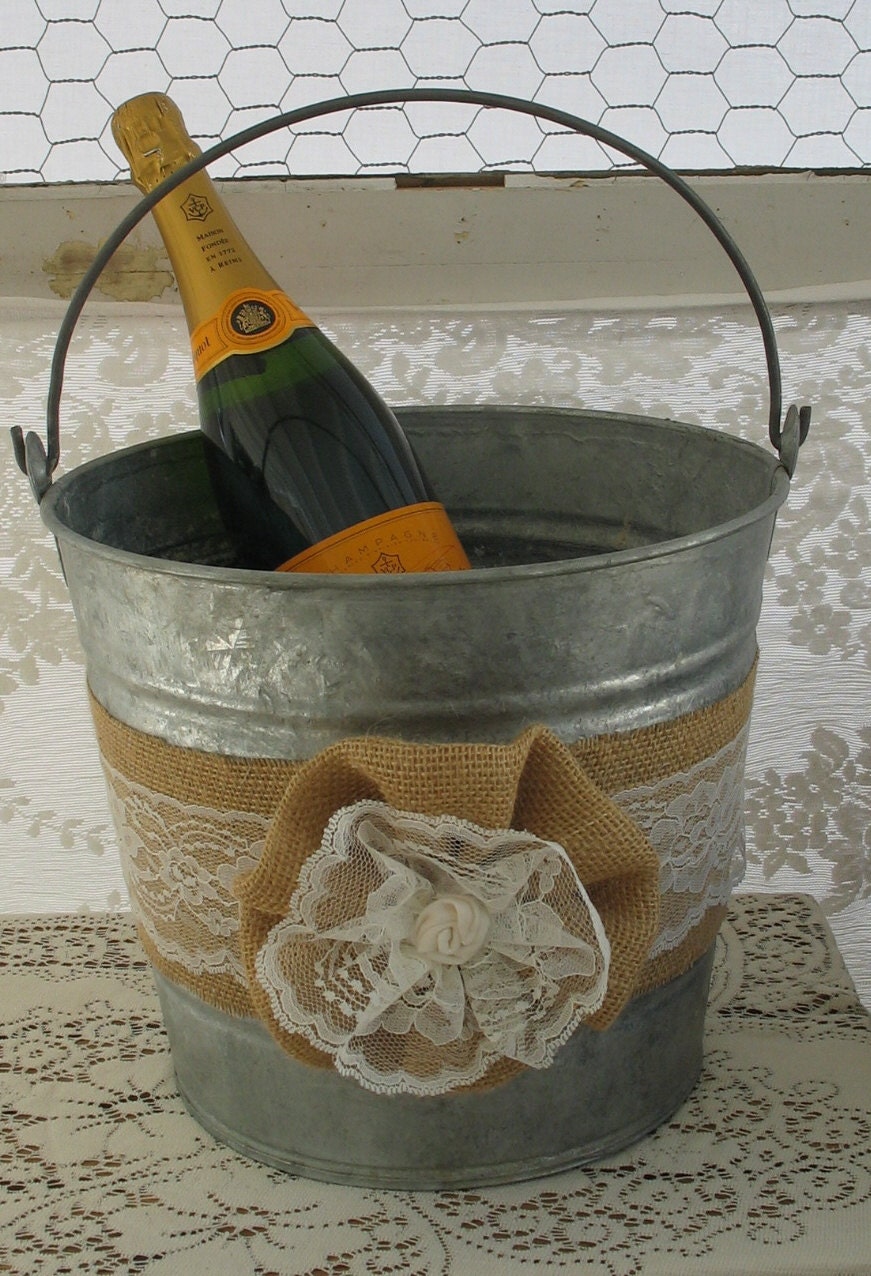Champagne Bucket for Rustic Burlap and Lace Wedding Country