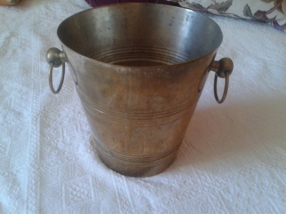 Antique French Champagne Bucket - 1900's - Handmade- Brass- Rare -  Bistro Design with Rings Handles- Patina