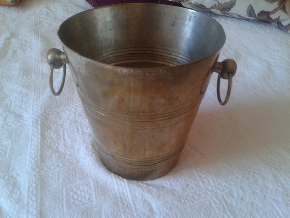 Antique French Champagne Bucket - 1900's - Handmade- Brass- Rare -  Bistro Design with Rings Handles- Patina