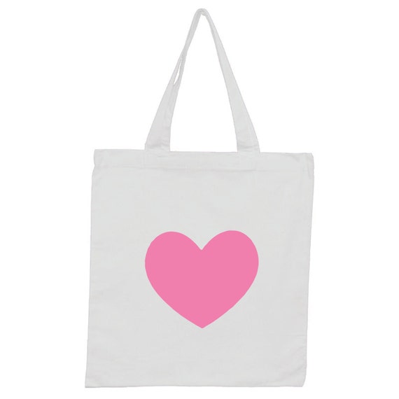 Pink Heart - White Cotton Tote Bag. Cute summer bag.