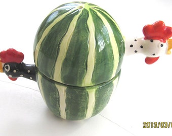 SPOTTED CHICKENS in WATERMELON Vintage Ceramic Salt & Pepper Shakers Dept. 56 Japan