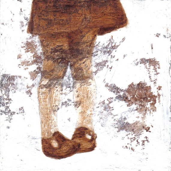 Small Fine Art Print - Girl with Shoes, Textured painting, sepia, brown, Home Decor