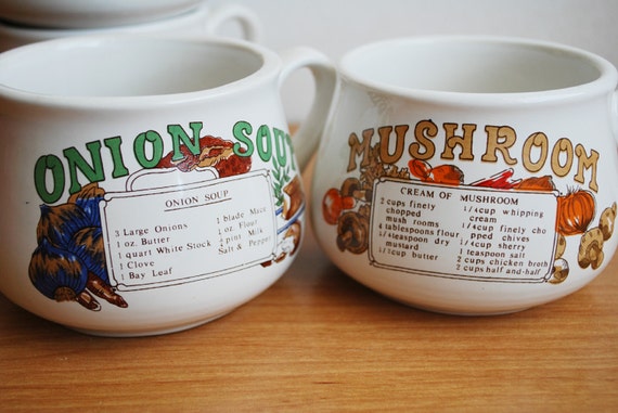 Vintage Recipe Soup Bowls/Mugs With Handle set of 4 Onion