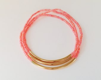 Coral and gold bracelet, seed bead bracelet, minimalist bracelet,stretchy bracelet, salmon bracelet, gold, pink bracelet, noodle bracelet