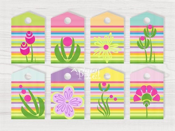 Spring Colors Gift Tag Easter Printables Colorful Stripes Springtime Flowers Instant Download Il_570xn