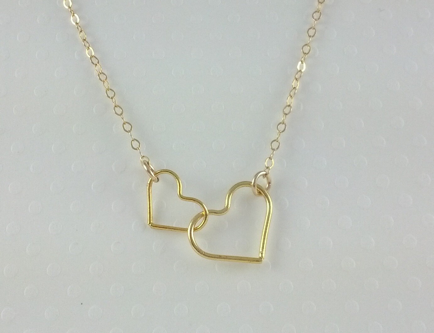 Tiny Gold Double Heart Necklace Connected Gold Hearts 14k