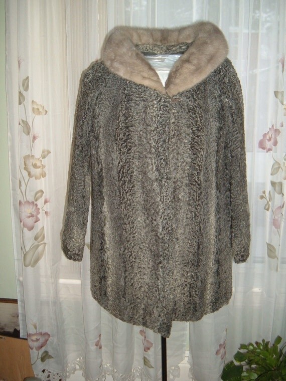 Vintage Grey Curly Persian Lamb Wool And Mink Coat Size 14