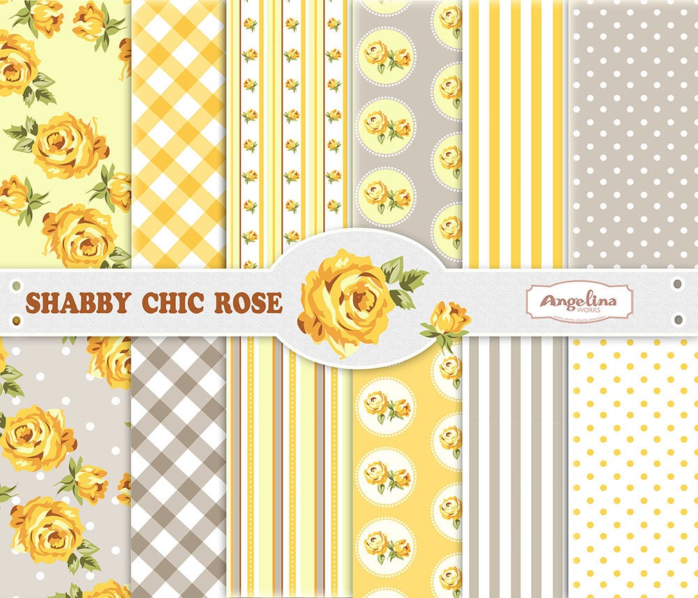 12 shabby chic rose yellow gray digital scrapbook paper pack 12 shabby chic rose yellow gray digital scrapbook paper pack