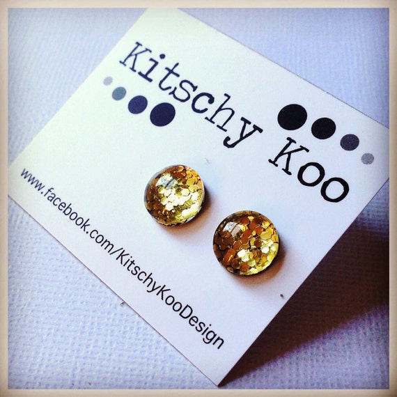 FREE SHIPPING - Glitter Earrings - Glass Stud - Surgical Steel - Gold Glitter - Handmade - Sparkle Gold Green Silver Red Blue