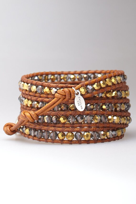 Brown Crystal Wrap Bracelet on Leather Swarovski by TalulahLee