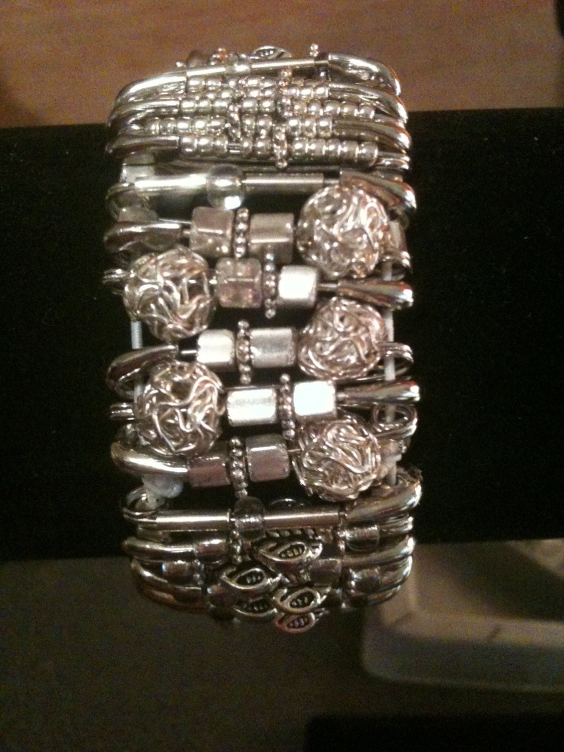 Chunky Silver Beaded Safety Pin Bracelet 152