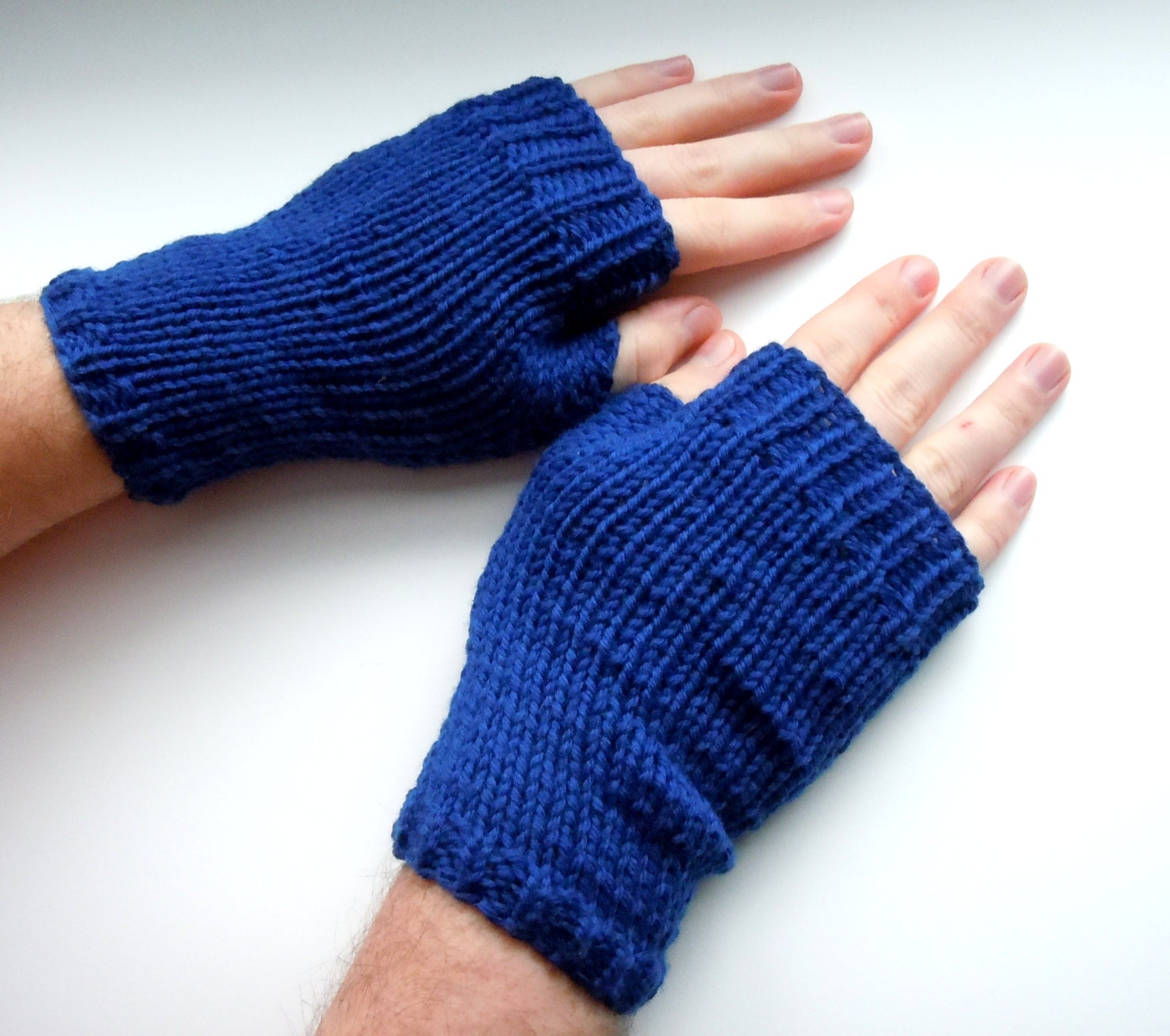 Men's 100% Wool Hand Knit Fingerless Gloves Cobalt Blue