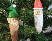 Hand Carved Wood Santa and Elf Christmas Tree Ornaments Unique Gift Wood Sculpture by Claude's Woodcarving