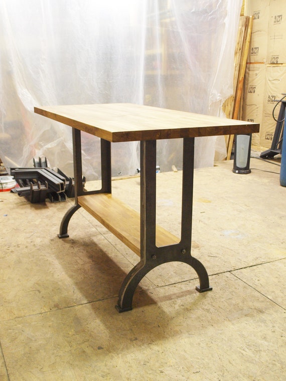 Industrial table kitchen island oak top metal by ...