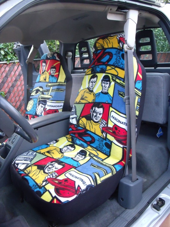 1 Set of Star Trek Cartoon Characters Print  Car Seat Covers and 1 piece of Steering Wheel Cover Custom Made.
