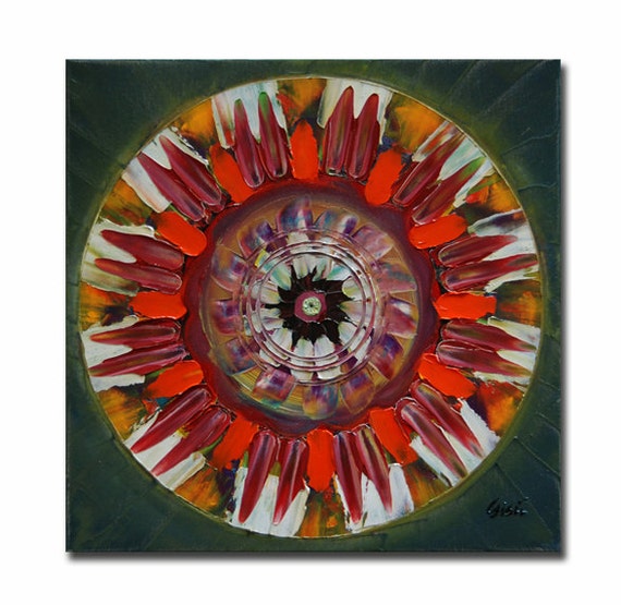 Original mandala painting, spiritual art, meditation art, mandala art, green red