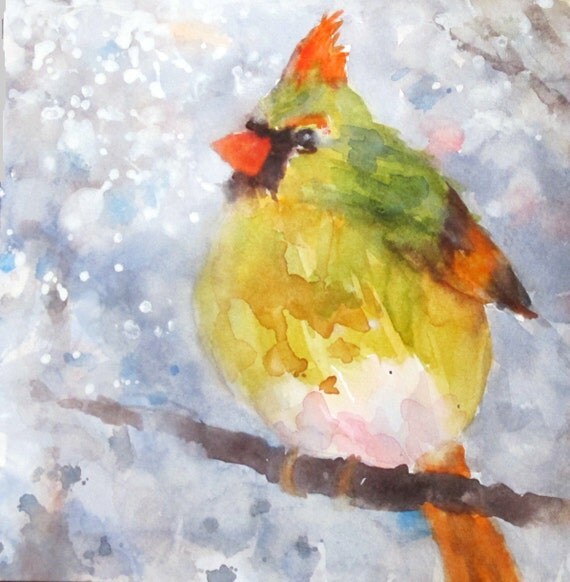 Cardinal bird snow winter Original watercolor bird painting