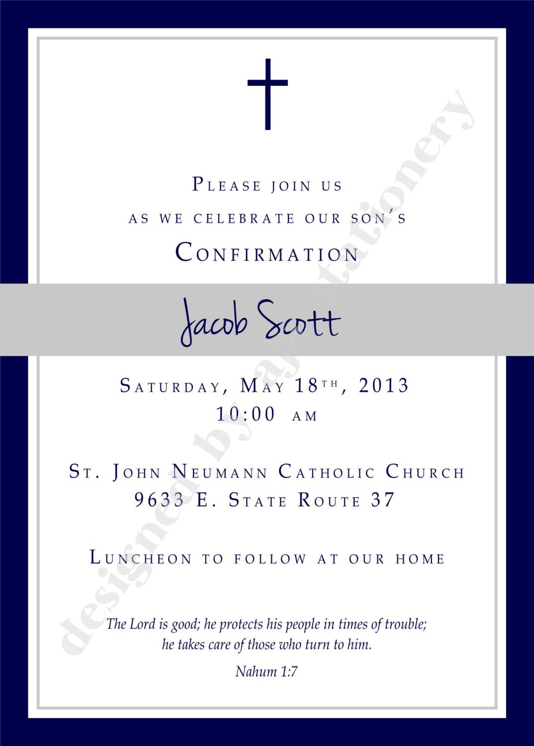 Confirmation Invitation or Announcment Boy Navy and Charcoal