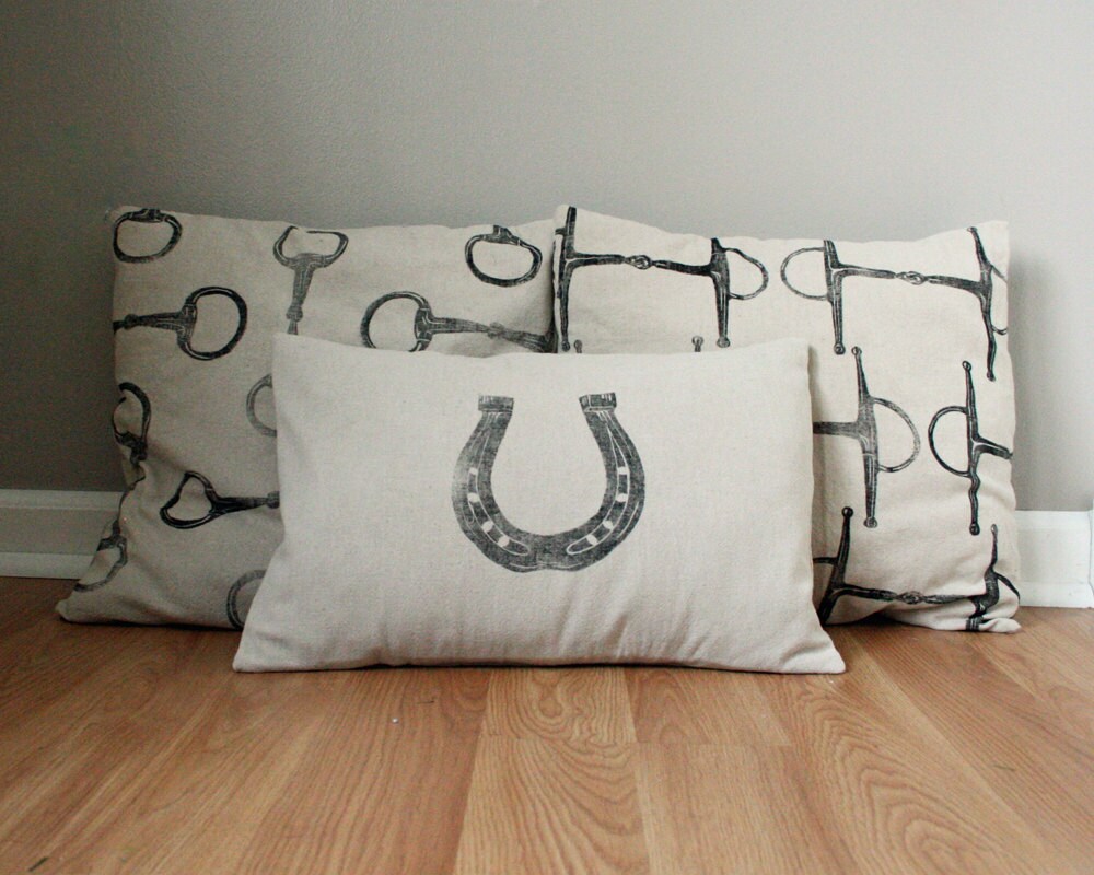 Equestrian Pillow Covers Set of Three handprinted horseshoe